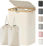 Lifewit 150L Laundry Basket with Lid, Clothes Hampers for Laundry with Bamboo Handles and 2 Removable Bag, Large Foldable Lau