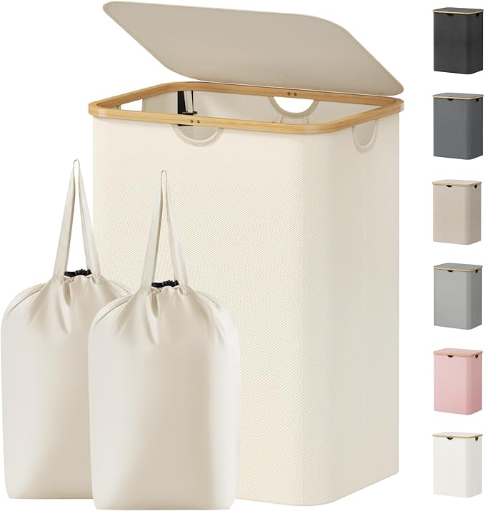 Lifewit 150L Laundry Basket with Lid, Clothes Hampers for Laundry with Bamboo Handles and 2 Removable Bag, Large Foldable Lau