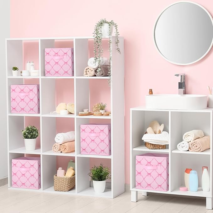 Geelin 6 Pcs Pink Bow Cube Storage Bins 11 Inch Storage Basket with Handle, Preppy Girls Organizer Basket, Collapsible Fabric