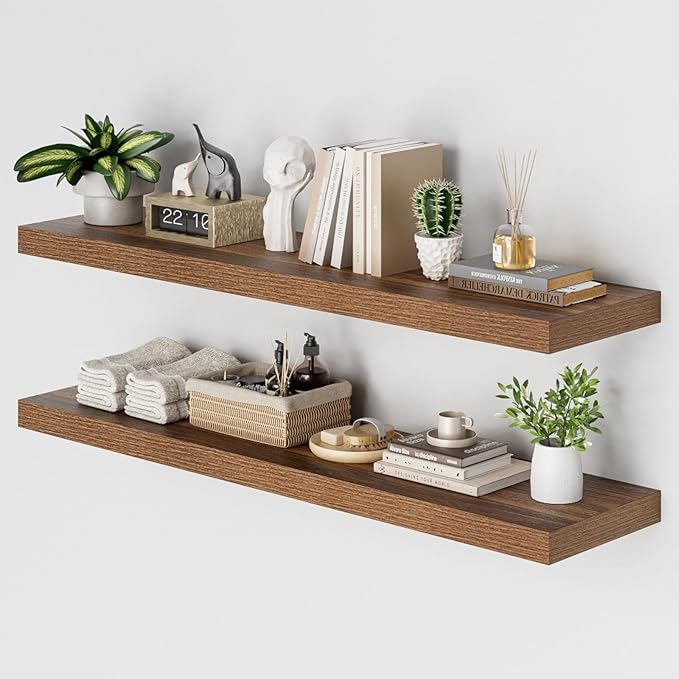 Heimlove 48W x 12D Long Floating Shelf, 12 Inch Deep Floating Shelves for Wall Set of 2, Wood Shelves for Bedroom Living Room