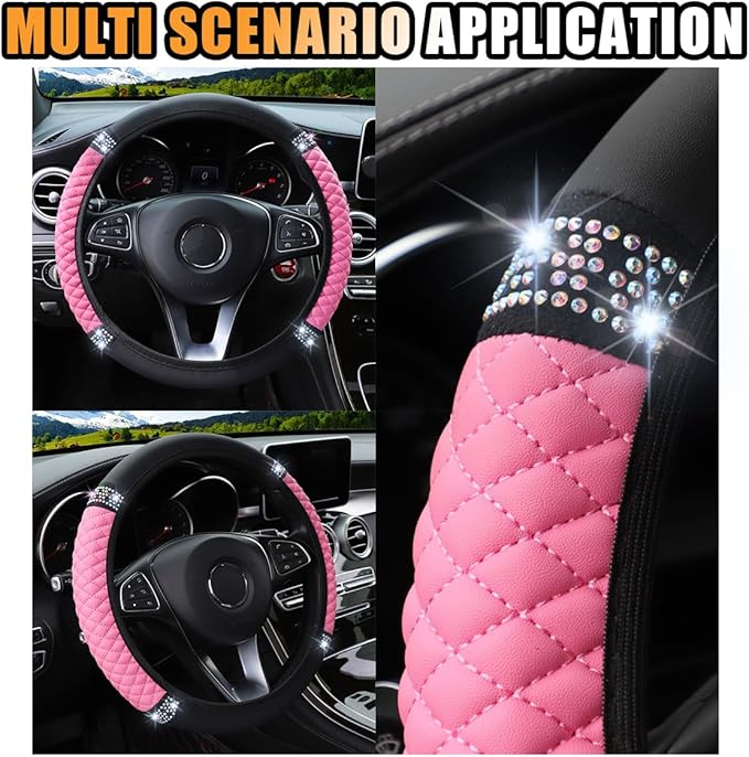Bling Soft Leather Steering Wheel Cover, 15 Inch Colorful Rhinestones Auto Elastic Protector with Crystal Diamond for Women G