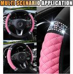 Bling Soft Leather Steering Wheel Cover, 15 Inch Colorful Rhinestones Auto Elastic Protector with Crystal Diamond for Women G