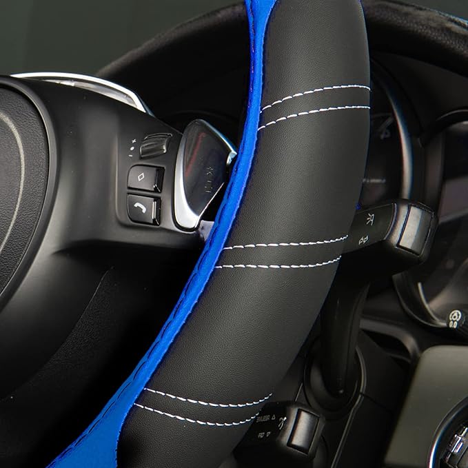 CAR PASS Line Rider Microfiber Leather Sporty Steering Wheel Cover Universal Fits for 95% Truck,SUV,Cars,14.5-15inch Anti-Sli