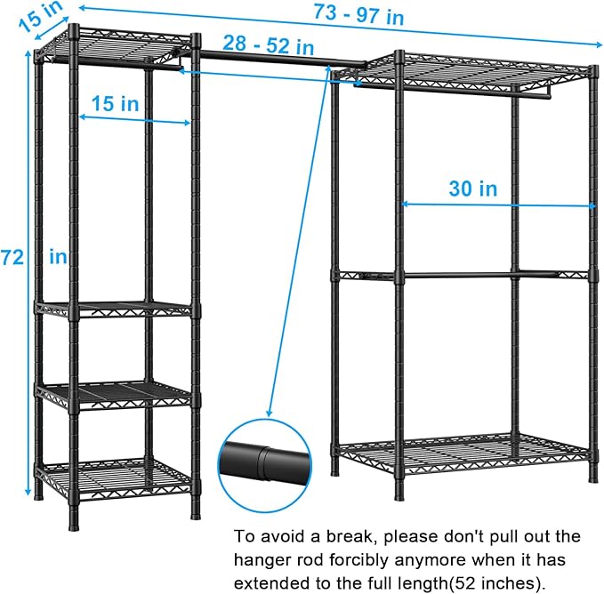 Ulif E10 Clothes Rack（With Stretchable Hanger Rod）Freestanding Clothing Racks for Hanging Clothes，Adjustable Closet Organizer