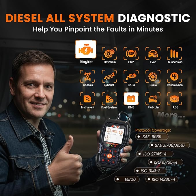 ANCEL Heavy Duty Truck Scanner HD601 All System Diesel Diagnostic Scan Tool fits for Cummins, Detroit, Freightliner,
