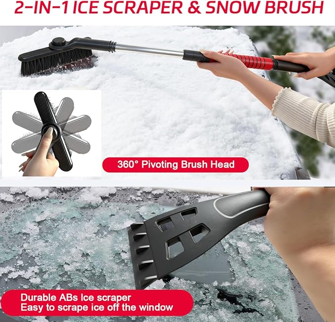 Ice Scraper and Snow Brush for Car, Lightweight 7" Brush Head & 33.5" Extendable Handle for Quick Windshield and Window Cleaning on SUV, Truck, Auto (Blue)
