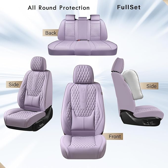 Coverado Seat Covers Full Set, Purple Car Seat Covers, Waterproof Car Seat Cover with Lumbar Support, Leather Car Seat Cushio