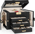 TORIBIO Jewelry Box for Women, Leather Jewelry Organizer with Mirror & Lock, 4-Tier Jewelry Storage Organizer with 3 Drawers 
