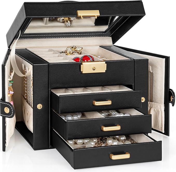 TORIBIO Jewelry Box for Women, Leather Jewelry Organizer with Mirror & Lock, 4-Tier Jewelry Storage Organizer with 3 Drawers 