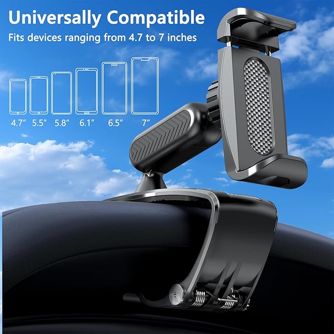 Car Dashboard Phone Clip Holder, 360° Rotating Dash Steering Wheel Cell Phone Clamp Mount Stand Compatible with 4-7 Inch Smartphones (Black)