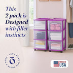 HOMZ 2-Pack Drawer Tower, 3-Tier Clear Plastic Storage Organizer Cart, Purple Frame - Organizing Containers with Wheels for H