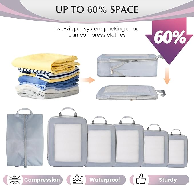 Ultralight Compression Packing Cubes for Suitcases Carry on，Compressible Mesh Packing Cubes for Travel Women Travel Essential