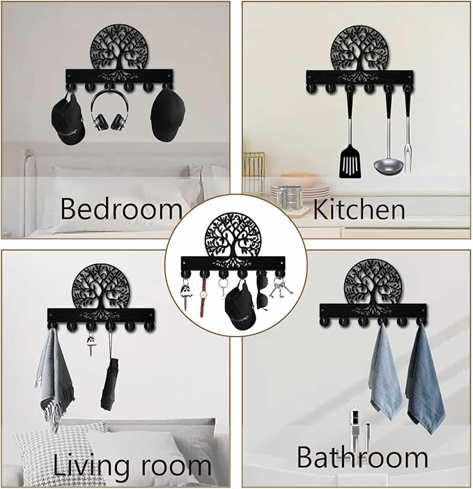 Tree of Life Key Holder Black Key Holder Wall Mount 11.8 x 7.5 Inch Botanical Theme Wooden Keychain Hanger Organizer Rack wit