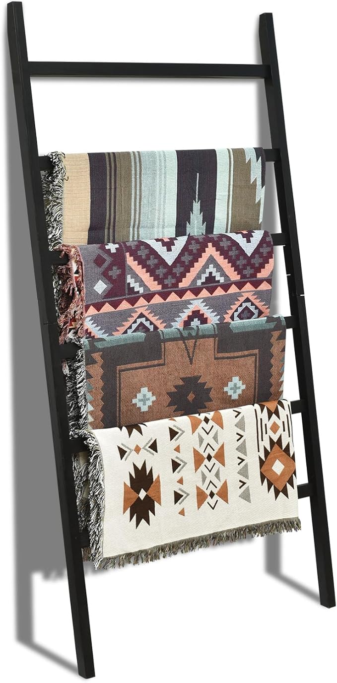 FUIN Extra Wide 6.4ft Wooden Blanket Ladder Living Room Decorative Wal Leaning Farmhouse Quilt Display Holder Rustic Wood Tow