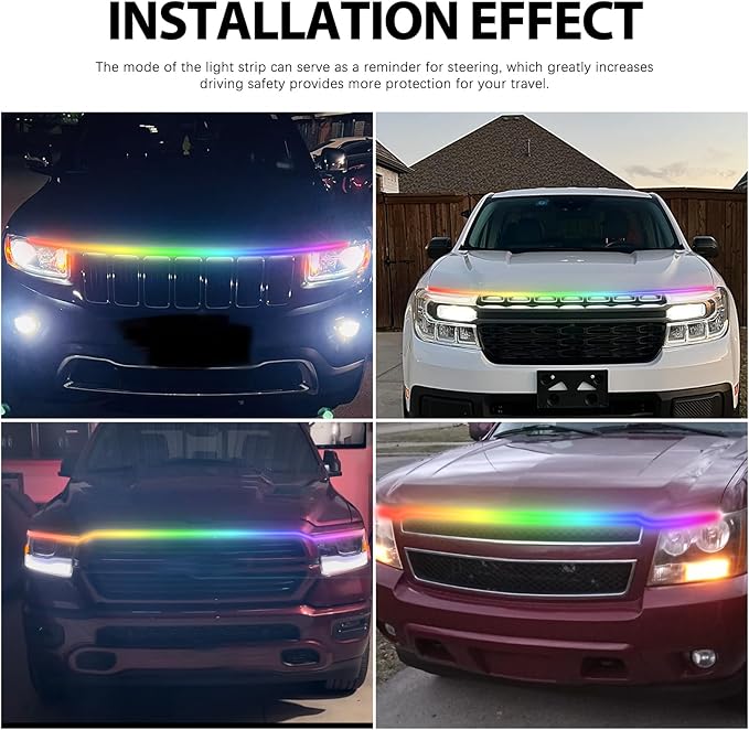 Car Led Lights Exterior RGB Hood Light Strip IP68 Waterproof Multicolor Dynamic Scan Start Up Hoodbeam Kit Compatible with Chevy Silverado 1500 2500,Truck,SUV,APP Control,12V(RGB, 59inch)