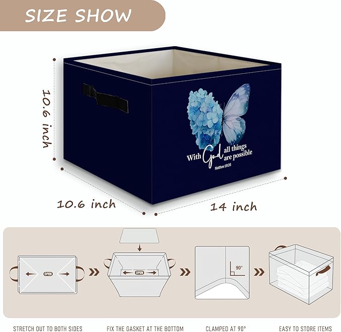 Navy Blue Christian Butterfly Foldable Storage Bins Box with Handles, With God All Things Are Possible Bible Verse Collapsibl