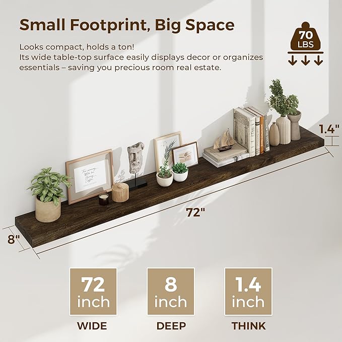 Dreamland 72 inch Floating Shelves for Wall Solid Elm Wood Wall Mounted Shelves|Rustic Long Floating Shelves with Invisible B