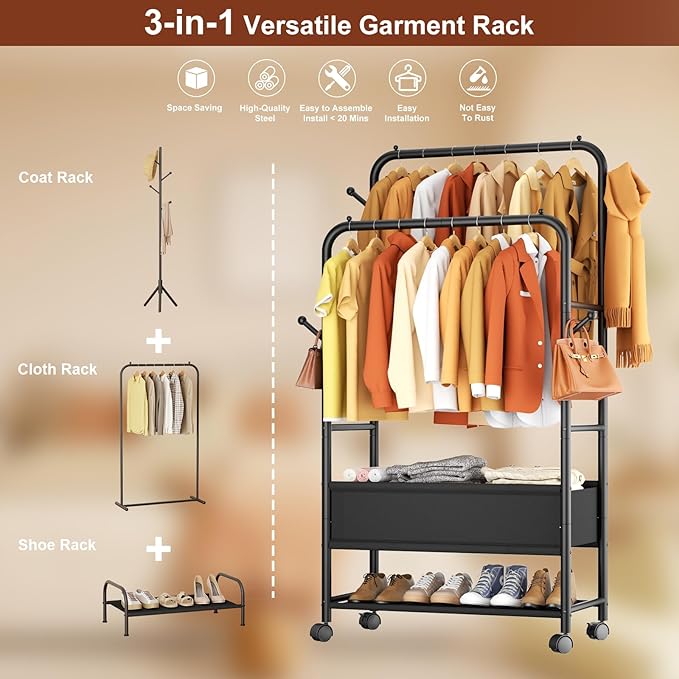 Furologee Clothing Racks for Hanging Clothes, Portable Rolling Garment Rack, Sturdy Metal Freestanding Clothes Rack with Whee