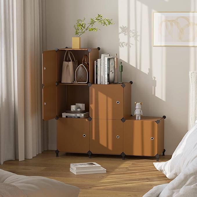 Cube Storage Organizer, 6-Cube Shelves Unit with Doors, DIY Stackable Plastic Clothes Organizer for Bedroom and Under Stairs 