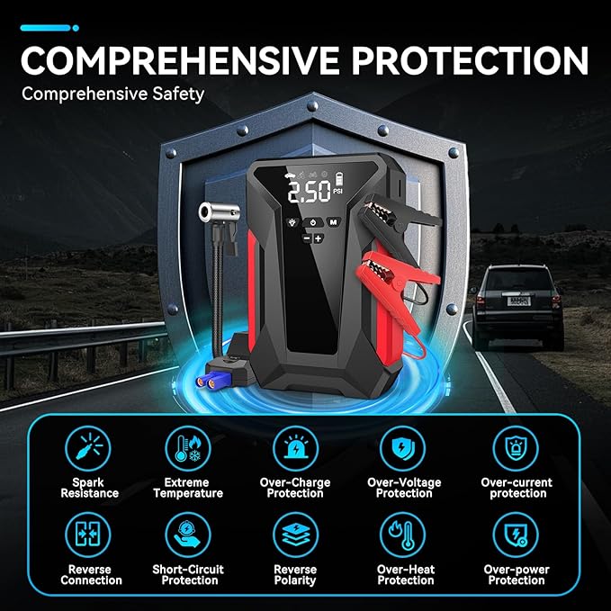 Jump Starter with Air Compressor,4000A Portable Car Battery Jump Starter (10L Gas/8.5L Diesel), 12V Battery Charger