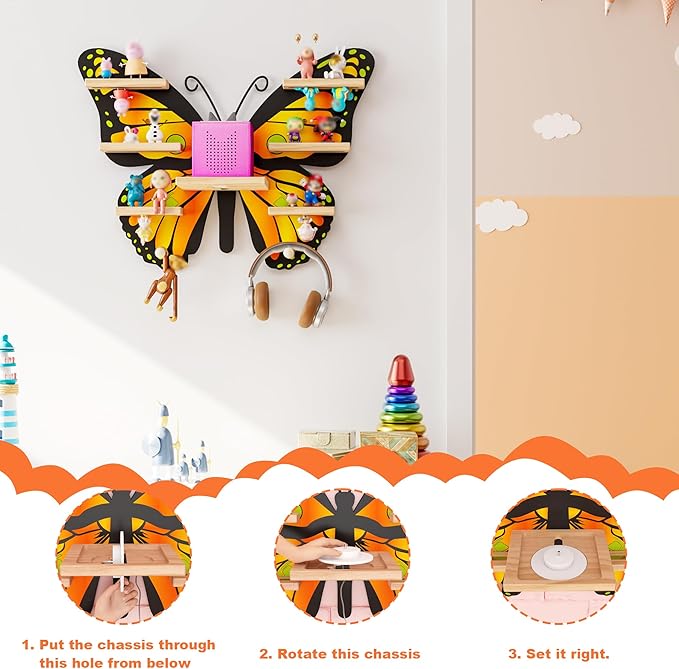 Orange Butterfly Tonie Shelf for Tonie and Box - Magnetic Wooden Floating Shelf for Figure Storage,Cute Tonie Wall Shelf for 