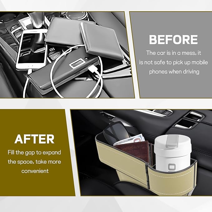 Car Seat Gap Filler Organizer, Multifunctional Car Seat Organizer with Adjustable Cup Holder, Leather Car Seat Gap Storage Box for Holding Phones, Coins, Cards, Keys, Pens (Beige)