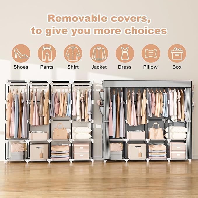 VTRIN Portable Closet for Hanging Clothes 67 Inch Wide Large Capacity Portable Wardrobe Closet with Cover, 4 Storage Shelves 