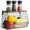 Wawocs Fruit Basket for Kitchen Counter, Fruit Bowl Stackable Wall Mounted Hanging Fruit Basket Wire Basket with Wood Lid wit