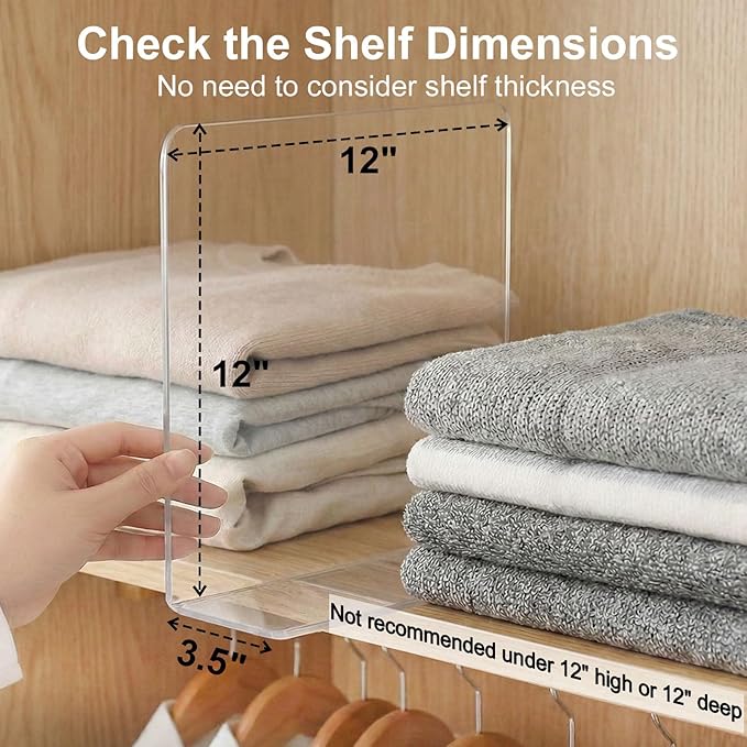 SortNStore Shelf Dividers for Closet Organization: 12" Tall x 12" Deep, Taller Adhesive Separators Features Acrylic Material 
