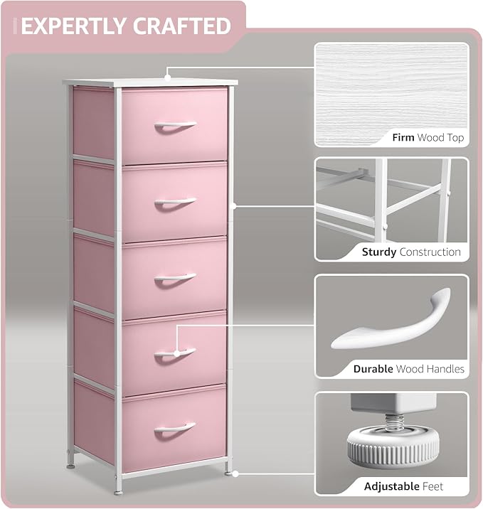 Sorbus Fabric Dresser for Kids Bedroom - Chest of 5 Drawers, Tall Storage Tower, Clothing Organizer, for Closet, for Playroom
