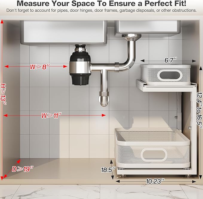 2 Pack 18.5IN-Depth Under Sink Organizer With Next-Gen Ball-Bearing Slides,2-Tier Precision Mesh Pull Out Cabinet Storage for