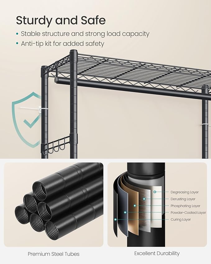 SONGMICS Heavy-Duty Rolling Clothes Rack, Garment Rack, Portable Closet on Wheels, with Adjustable Mesh Shelves and Hanging R