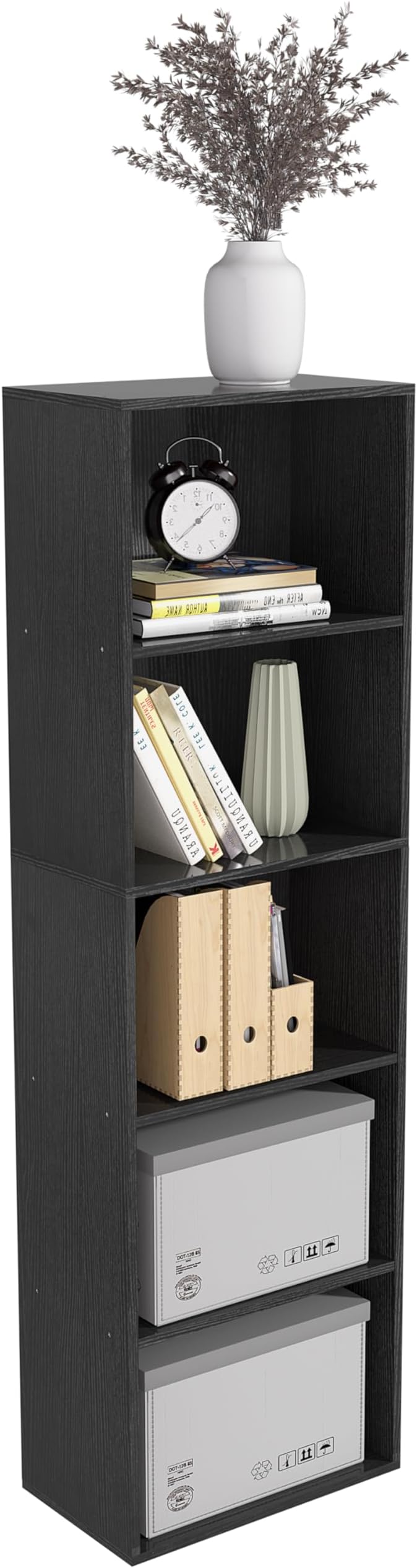 Wooden 5 Cube Storage Organizer, Black 5 Tier Bookcase Bookshelf Freestanding Storage Display Organizer, Versatile Cubes Open
