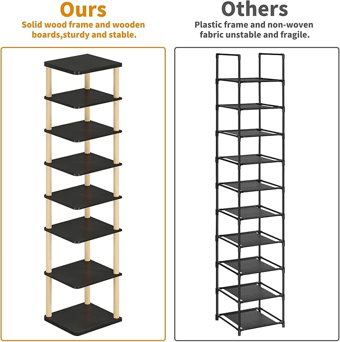 LUCKNOCK Vertical Shoe Rack, 8-Tier Tall Narrow Shoe Organizer for Entryway, Closet, Dorm & Small Spaces, Freestanding Wooden