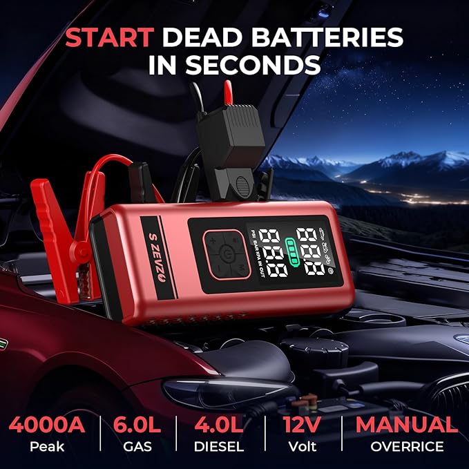 S ZEVZO Car Jump Starter with Air Compressor, 4000A 150PSI Jump Box Battery Pack(6.0 Gas/4.0L Diesel), Portable 12V Jump Box with Auto-Shutoff Tire Inflator, USB Ports, LCD Display & LED Light