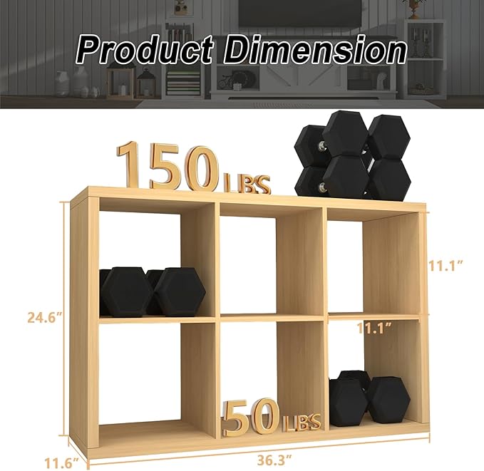 CTESNE【2026 Wooden Thick Frame 6 Cube Storage Organizer Shelf with Anti-Tipping Kits + Reversible Open Back Bookcase, Horizon