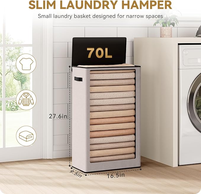 SOLEDI Slim Laundry Hamper with Lid, Narrow Laundry Basket with Removable Bags, Dirty Clothes Hamper with handle, Small Hampe