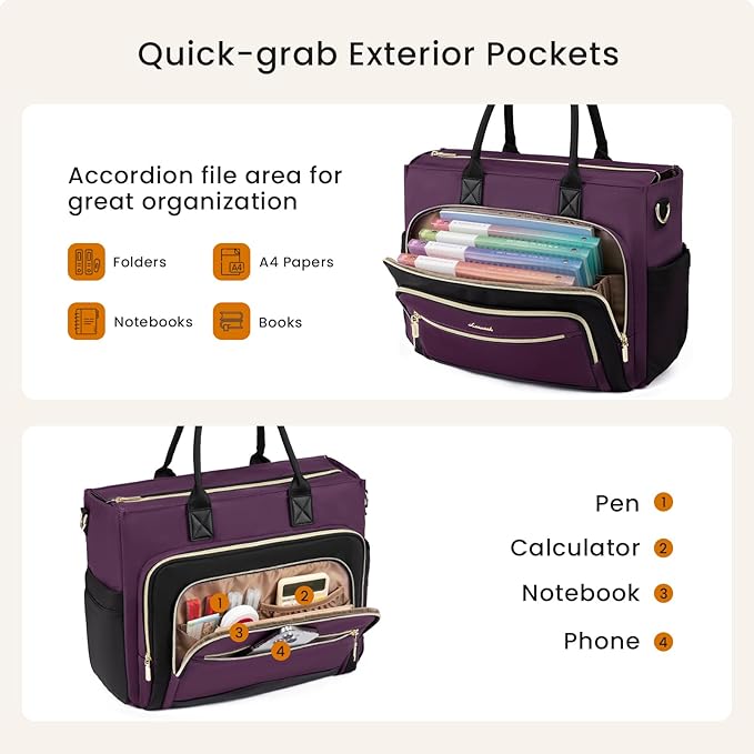 LOVEVOOK Teacher Tote Bag for Women,Laptop bag with Large Cup Holder,Work bag with Accordion File Organizer Pocket,Multi-Pock