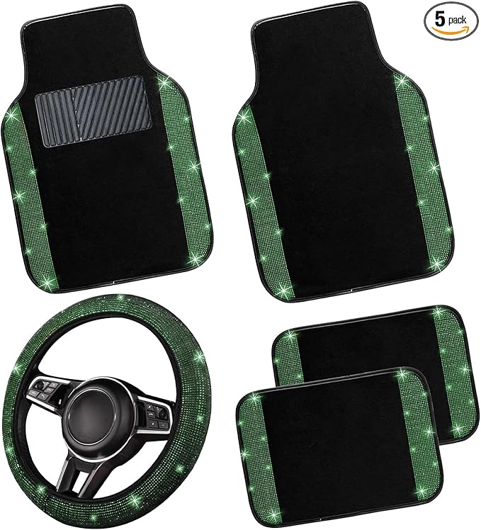 NBTEPEM Bling Car Floor Mats Full Set and Steering Wheel Cover, Universal Fit Most Cars, 4 pcs Sparkle Glitter Diamond Carpet, 5 pcs Bling Car Accessories Set for Women (Green Diamond)