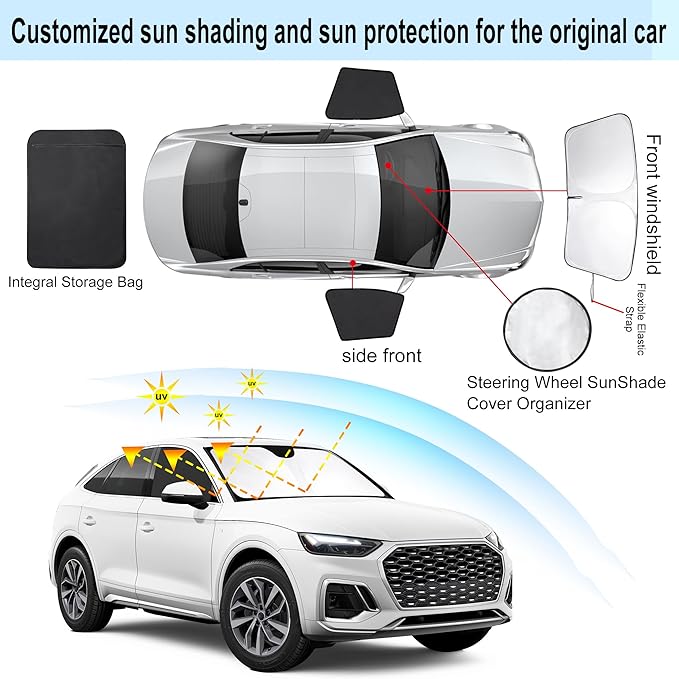 3PCS Car Window Shades Front Windshield Sun Shade Foldable Window Shade Custom Fit for 2019-2024 Audi Q5 Accessories Car Shades for Front Windows Anti-UV Rays Block Heat