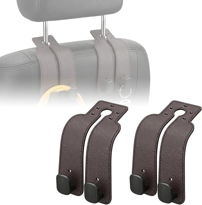 Headrest Hooks for Car - Car Seat Back Organizer Storage Hook, Auto Hooks Organizer for Handbag Purse Coat Bags, Leather Purse Holder for Car (Brown)