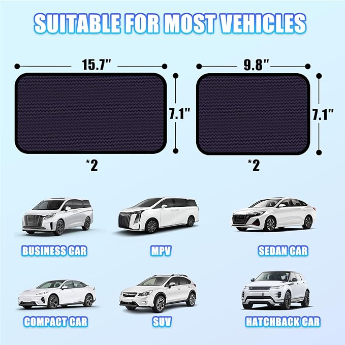 ZATOOTO Static Cling Car Sun Shade for Side Window & Windshield, 4 Pack Expandable Window Shade Sun Blocker Car Windshield Sunshade｜Reinforced Frame｜Anti-Glare｜(2 Pack, 9.84*7 in & 2 Pack, 15.7*7 in)