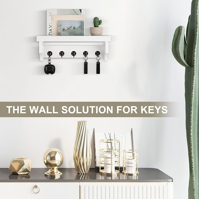 Key and Mail Holder Wall Mount, Key Holder with Shelf and Mail Organizer Wall Mount. Mail Holder with 5 Hooks for Coat, Dog L