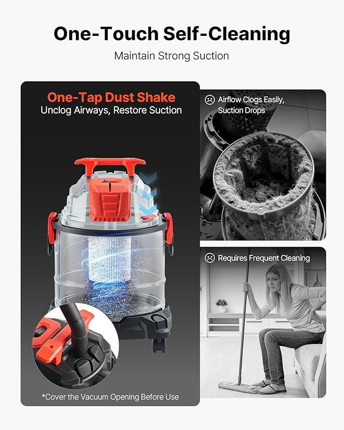 VEVOR Shop Vac, 5.8 Gallon Wet Dry Shop Vacuum, 4 Peak HP with One-Button Self-Cleaning, Dual-Filter, 900W Input Power, 1.25i