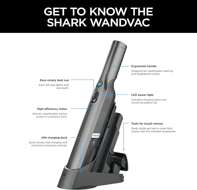 Shark WV201 WANDVAC Handheld Vacuum, Lightweight at 1.4 Pounds with Powerful Suction, Charging Dock, Single Touch Empty and D