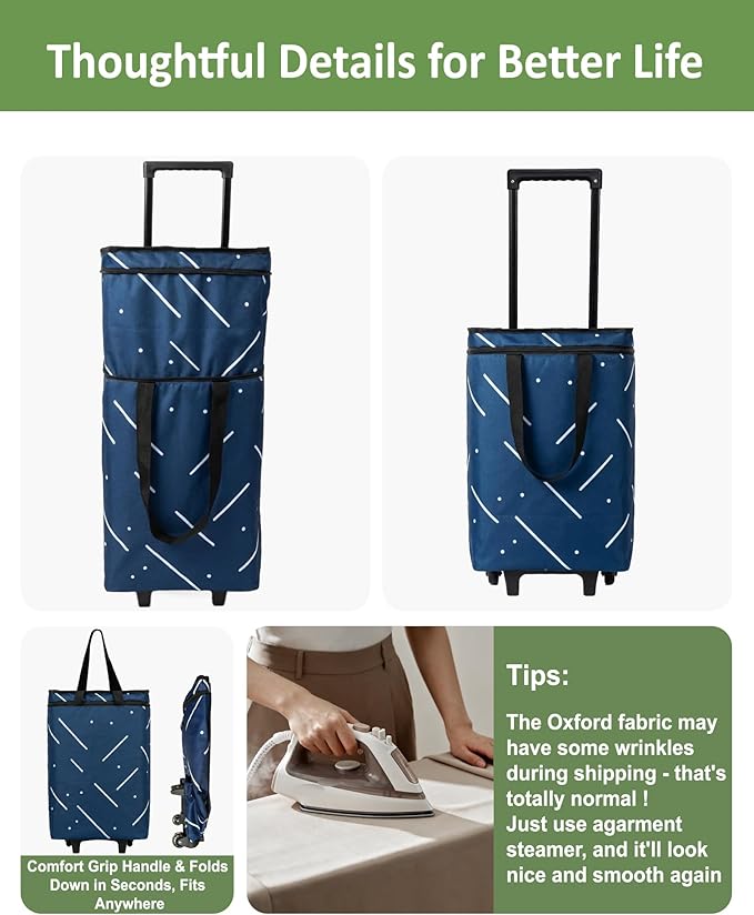 Foldable Rolling Bag, Portable Small Shopping Cart with Wheels, Collapsible Shopping Tote with Stylish Pattern for Market & Grocery Runs–Gift for Women & Seniors, Pro L, Green