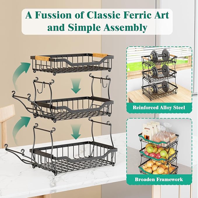 Giwil 3 Tier Countertop Fruit Basket for Kitchen, Vegetable Storage Bread Fruit Bowl Stand with 2 Banana Hooks, Wall Mounted 