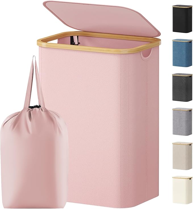 Lifewit 80L Laundry Basket with Lid, Clothes Hampers for Laundry with Bamboo Handles and 1 Removable Bag, Large Foldable Laun