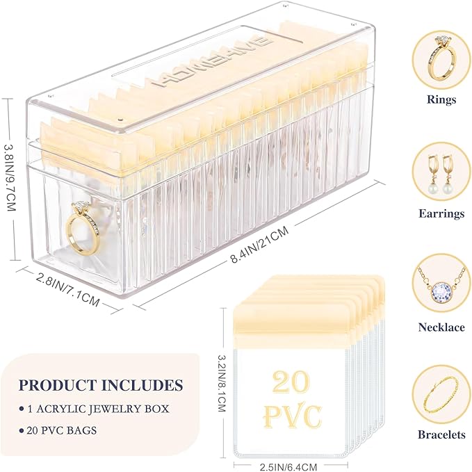 HOMEHIVE Acrylic Jewelry Box Organizer, Clear Jewelry Organizer Holder with 20 Portable Anti Tarnish Jewelry bags, Travel Jew