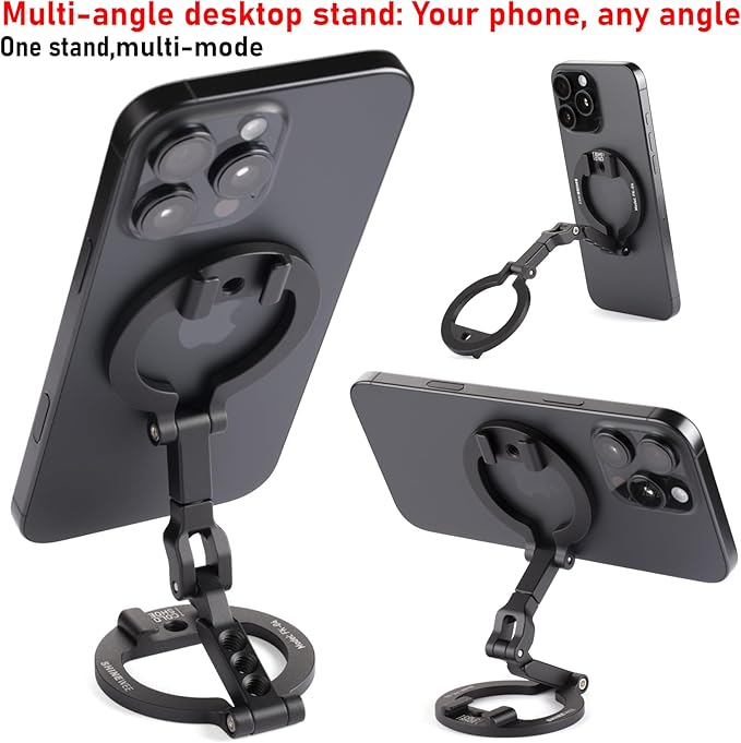 Dual Magnetic Ring Phone Mount - Foldable 360° Rotation CNC Aluminum Stand,1/4" Screw,Cold Shoe Interface, Hands-Free Holder for Live Streaming, Selfies & Multi-Device Use